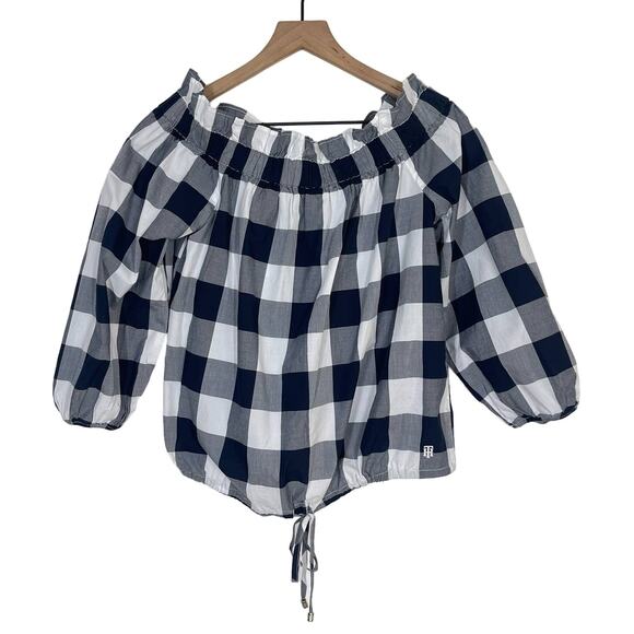 NEW Tommy Hilfiger Blouse Women's Size Small Navy Gingham Off the Shoulder Top - Picture 1 of 6